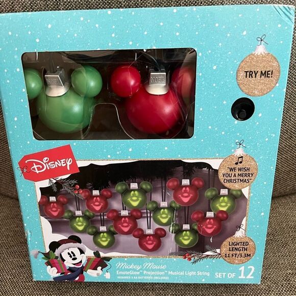 Disney Mickey Mouse Ears Red and Green Musical String Lights- Set of 12 - Picture 1 of 3